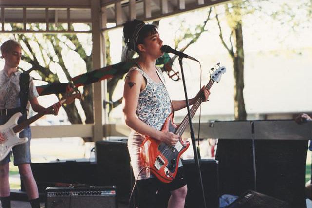 Bassist Kathi Wilcox, left, and vocalist Kathleen Hanna, right, of Bikini Kill pictured in 1991.